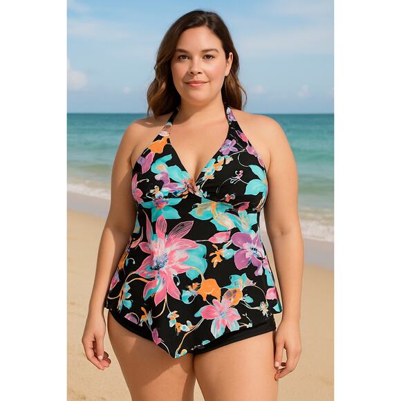 2/$25  1X 16 Plus Size Halter Hanky Hem Tankini Swim Top Padded Bust Stretchy - Picture 1 of 5